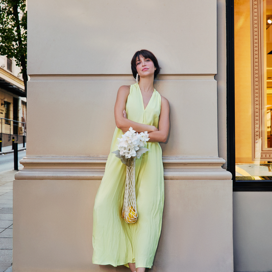 Sarı Cepli Uzun Elbise