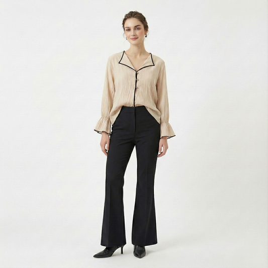 Kontrast Biyeli Düğmeli Dokulu Bluz