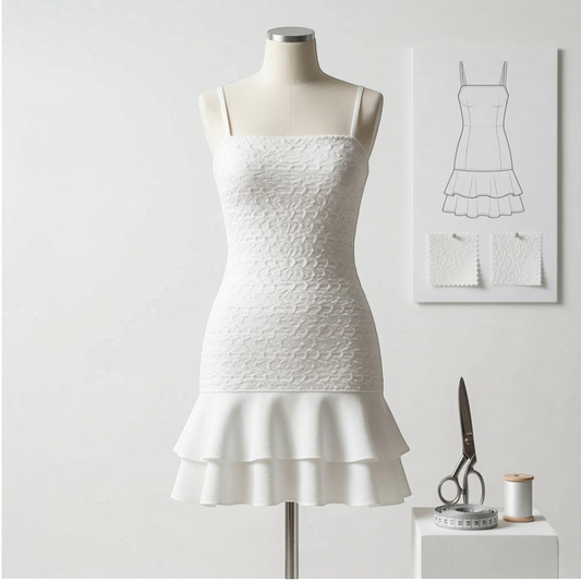 Vauratelier white spaghetti strap mini dress with textured bodice and tiered ruffled hem. Made of full lycra fabric.