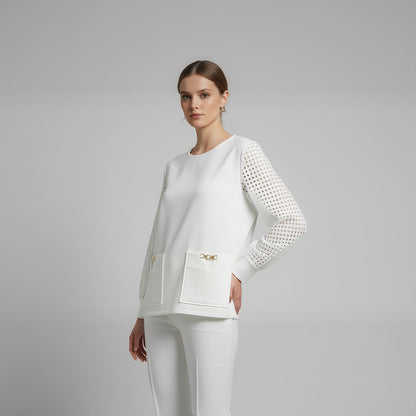 beyaz delikli kollu modal sweatshirt vaura atelier on çekim