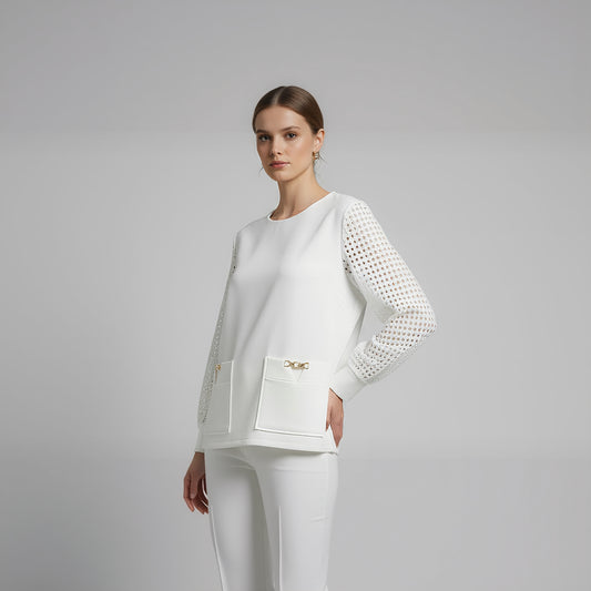 beyaz delikli kollu modal sweatshirt vaura atelier on çekim