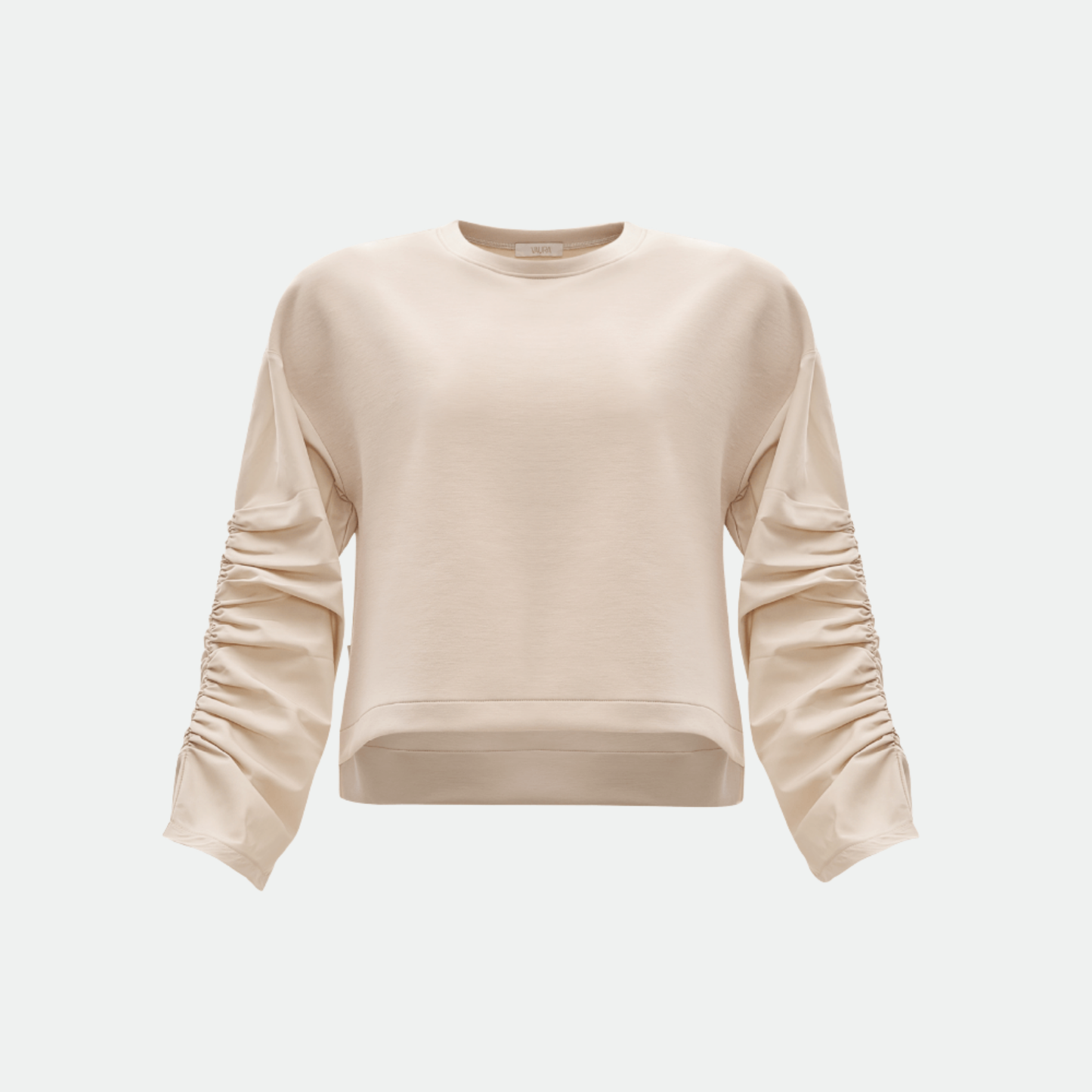 bej kolları büzgülü sweatshirt vaura atelier on çekim