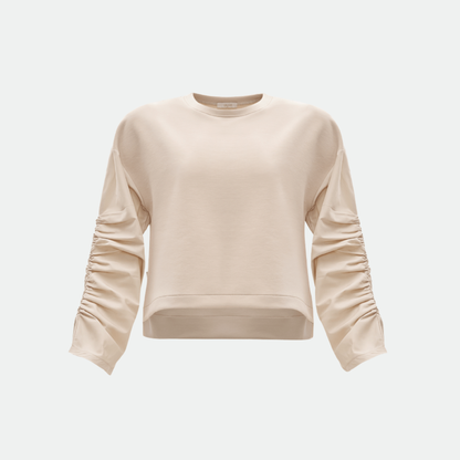bej kolları büzgülü sweatshirt vaura atelier on çekim