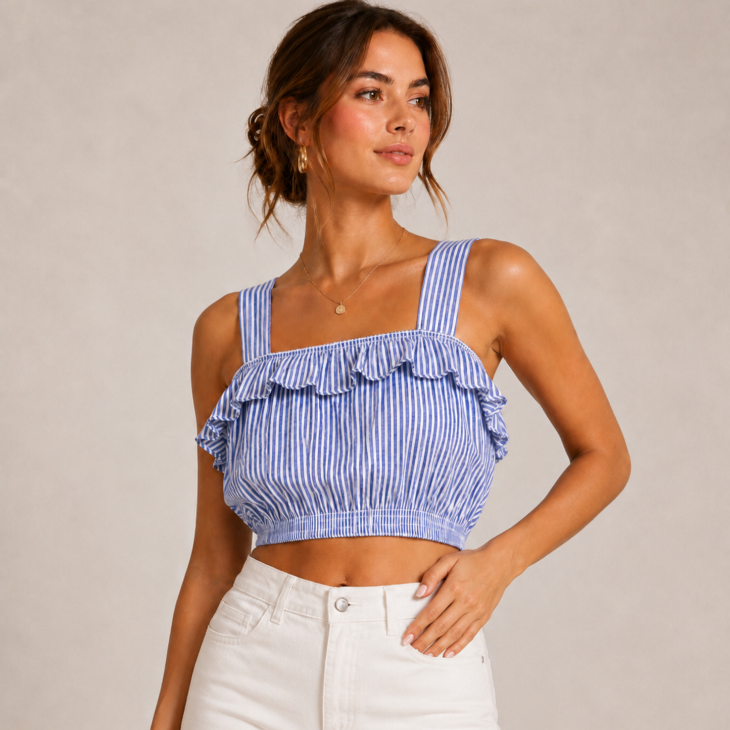 Mira Mavi Çizgili Fırfırlı Crop Bluz
