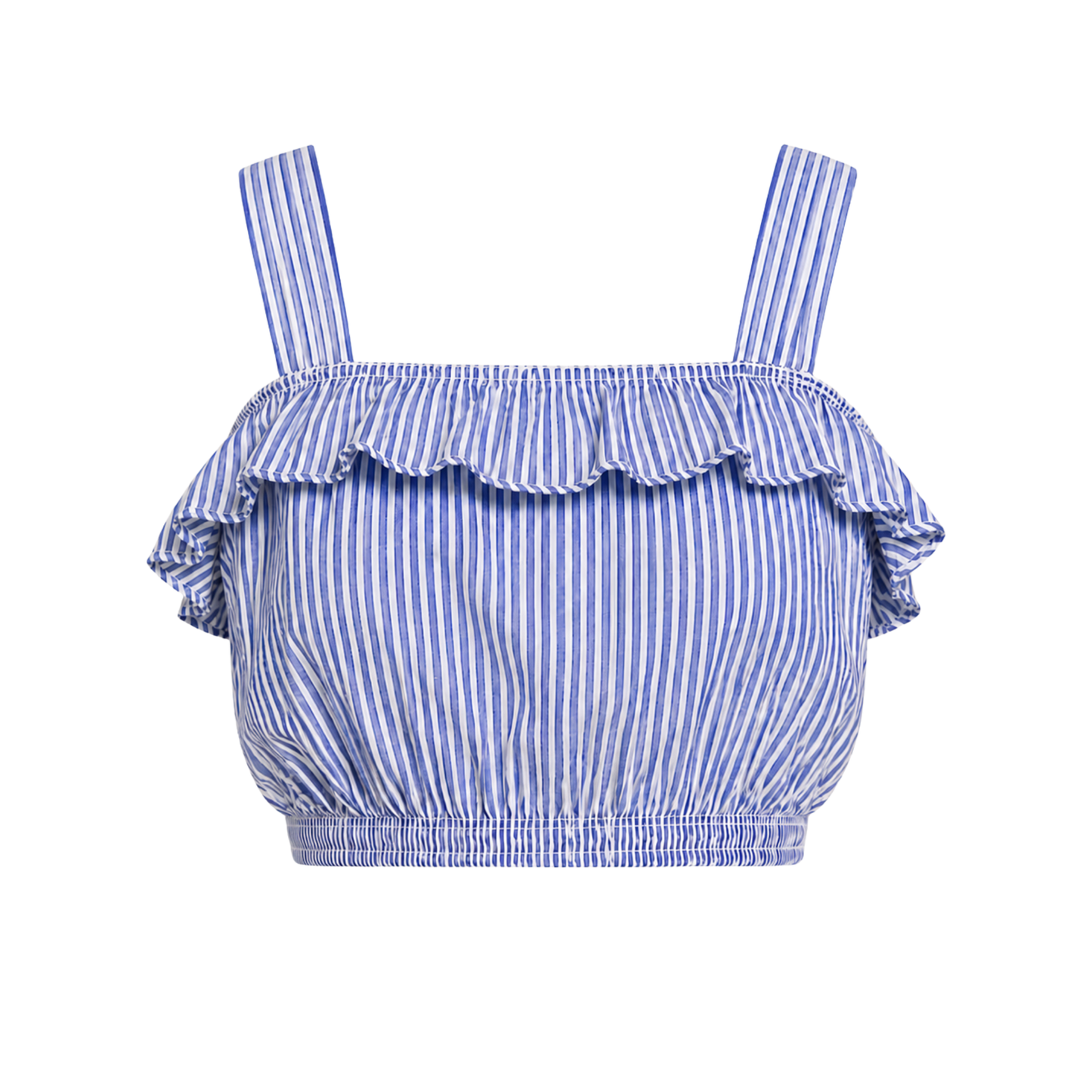 Mira Mavi Çizgili Fırfırlı Crop Bluz