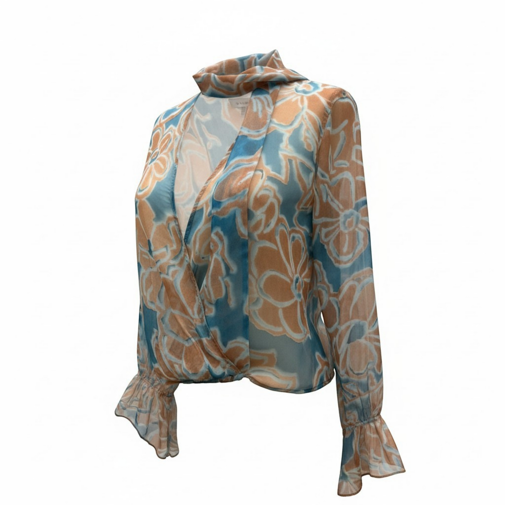 Vauratelier blue and tan floral print vual chiffon blouse with mock neck and ruffled cuffs.