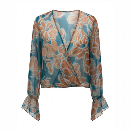Vauratelier teal and rust floral print v-neck sheer chiffon blouse with ruffled cuffs.