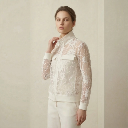 Vauratelier white sheer organza jacket with floral embroidery and zip closure. Elegant, feminine style.