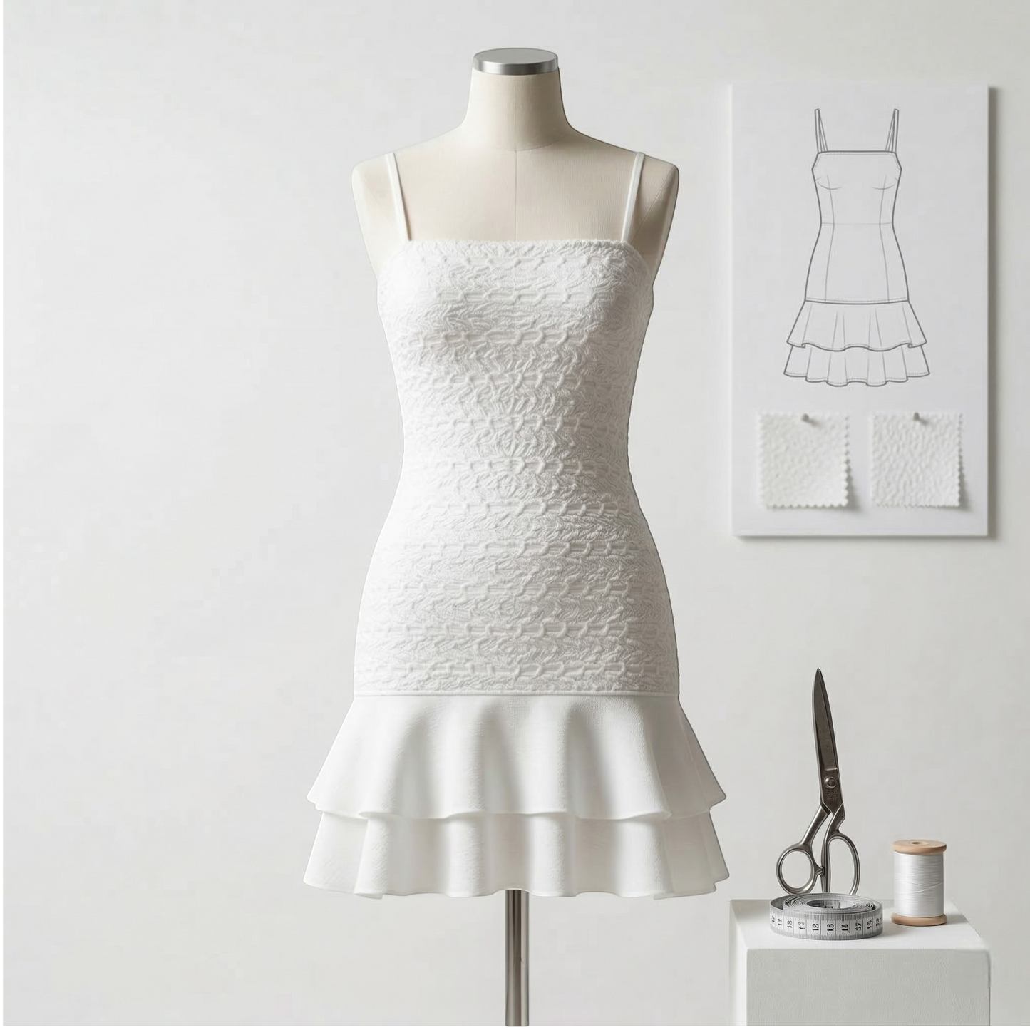 Vauratelier white spaghetti strap mini dress with textured bodice and tiered ruffled hem. Made of full lycra fabric.