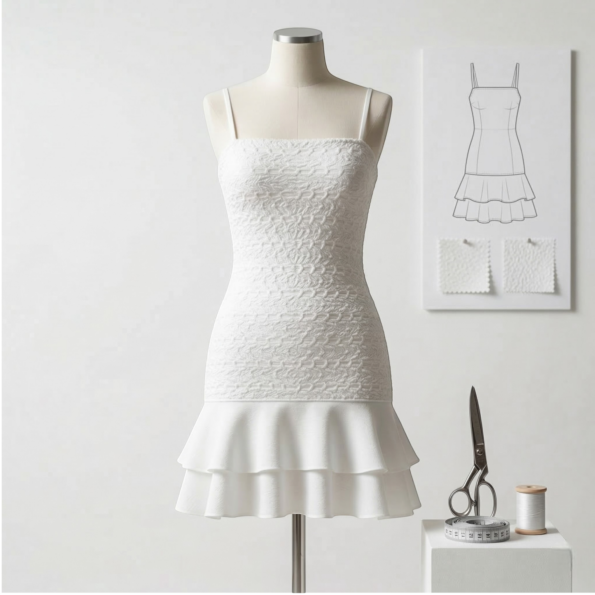 Vauratelier white spaghetti strap mini dress with textured bodice and tiered ruffled hem. Made of full lycra fabric.