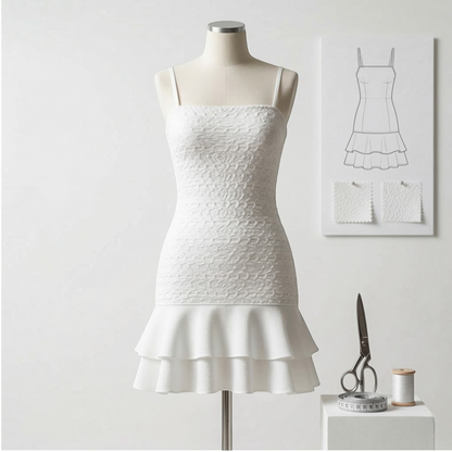 Vauratelier white spaghetti strap mini dress with textured bodice and tiered ruffled hem. Made of full lycra fabric.
